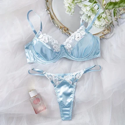 Blue Cross-border Foreign Trade Hot European and American Sex Underwear Embroidered Sexy Girl French Pure Slimming Bra suit