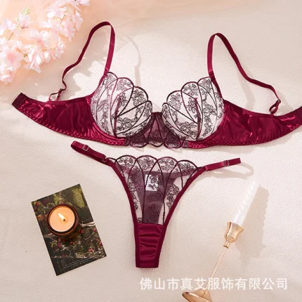 Ins Style Cross-Border European and American Sexy Bra Transparent Mesh Lace Embroider Sexy Intimates Set