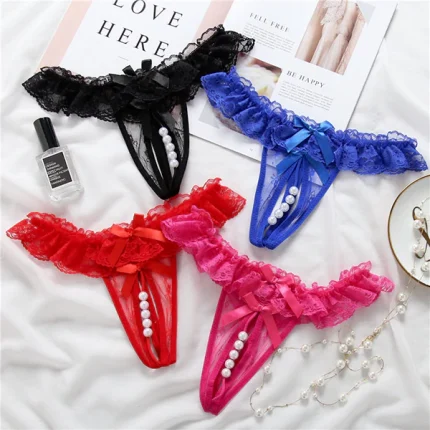 Lace Open-Crotch Thong Massage Pearl Sexy Lingerie Transparent Hot No-Take-Off T-Pants